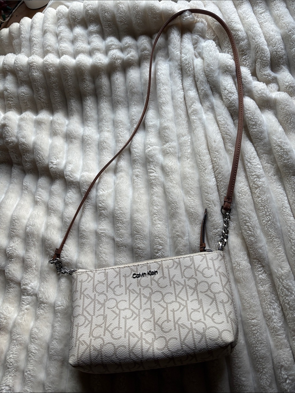 Calvin Klein Cream Logo Crossbody Bag with Brown Strap